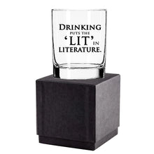 Load image into Gallery viewer, Short Tumbler Cocktail Glass - Drinking Puts the "Lit" in Literature - XL SIZE / FLY PAPER PRODUCTS