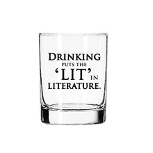 Load image into Gallery viewer, Short Tumbler Cocktail Glass - Drinking Puts the "Lit" in Literature - XL SIZE / FLY PAPER PRODUCTS